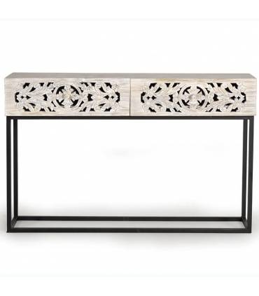 Recibidor de madera maciza labrada de color blanco con base metalizada