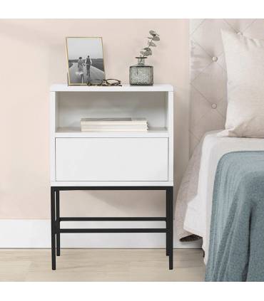 Mesita de noche de un cajón con estante en color blanco con patas metálicas en color negro.