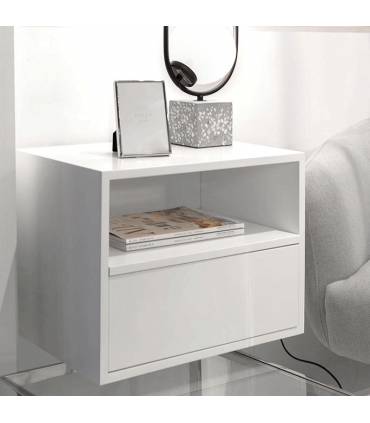 Mesita de noche estilo vintage en color blanco con un cajón y estante.