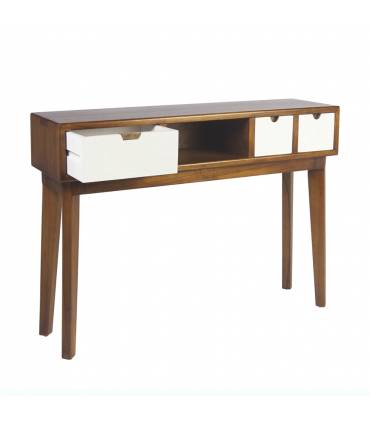 Consola grande de madera maciza de teka con cajones en color blanco.