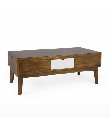 Mesa de centro hecha en madera elevable con un cajón central blanco.