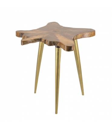 Mesa de centro de madera maciza de raíz con patas metálicas doradas.