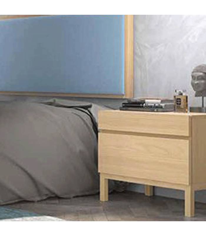 Mesita de noche de estilo moderno con dos cajones y patas de madera.