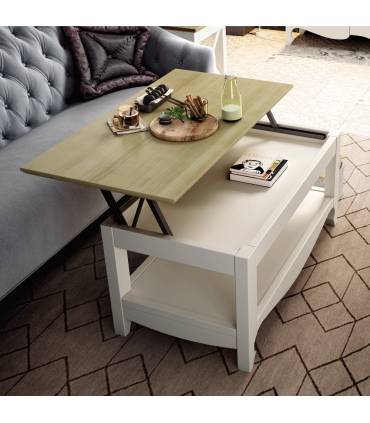 Mesa de centro elevable de estilo clásico en color blanco con la encimera en natural