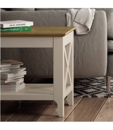 Mesa de rincón de estilo clásico en color blanco con la encimera en color roble.