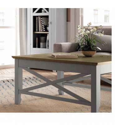Mesa de centro de estilo clásico en color blanco con la tapa en roble.