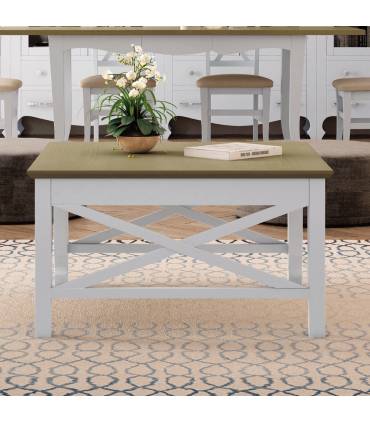 Mesa de centro de estilo clásico en color blanco con tapa en color roble.