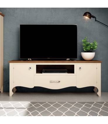 Mesa de tv de madera maciza con un estilo clásico precioso en color blanco con tapa en nogal.