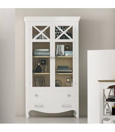 Vitrina de estilo clásico en madera maciza de pino en color blanco.
