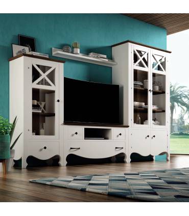 Composición de salón de estilo clásico en color blanco y nogal.
