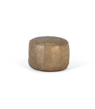 Puf estilo vintage en piel beige redondo. Fabricado por GINER Y COLOMER