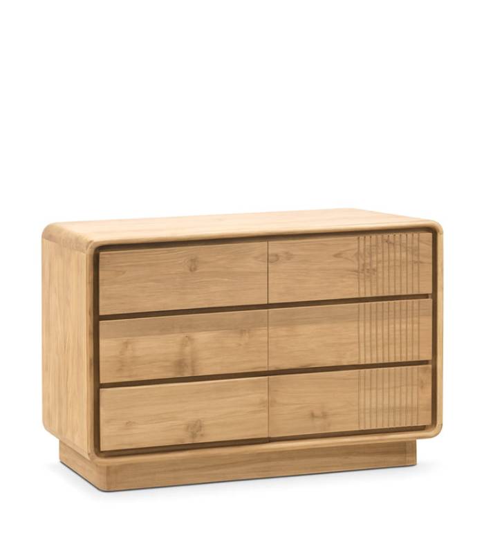 Cómoda 6 cajones en madera maciza teca de color natural, Eyre. Moycor