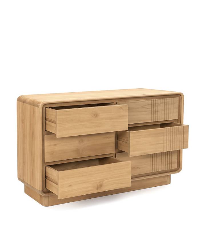 Cómoda 6 cajones en madera maciza teca de color natural, Eyre. Moycor