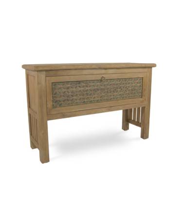 Consola fez en madera maciza de teca reciclada en color natural con puerta decorada en el frente