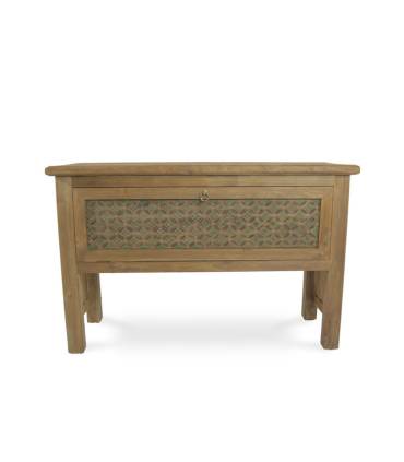 Consola fez en madera maciza teca reciclada, puerta decorada. Moycor