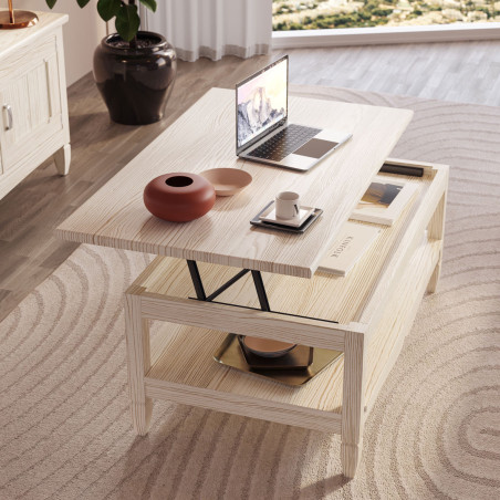 Vista Superior de la Mesa de Centro en Madera Natural y Blanco