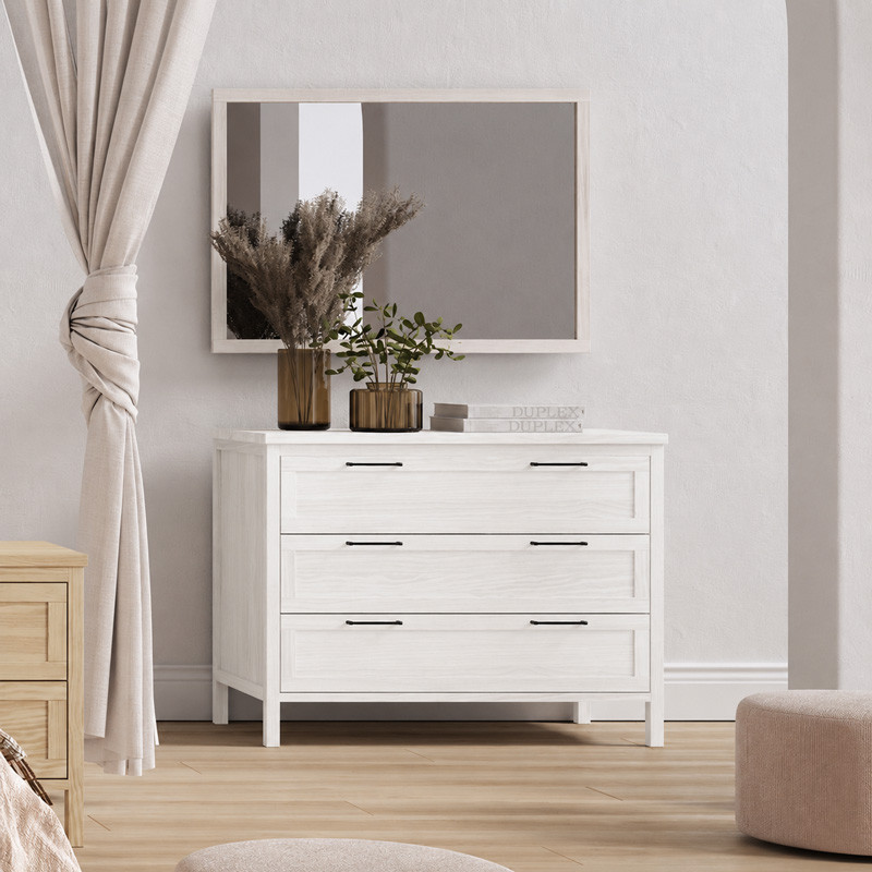 Cómoda color blanco con espejo de pino macizo