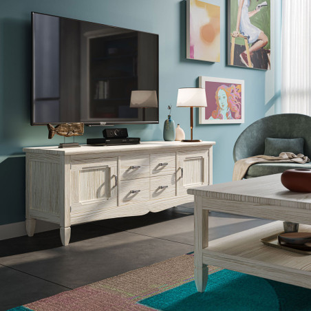 Mesa TV Amberes de Estilo Clásico en Acabado Azul Índigo y Arce