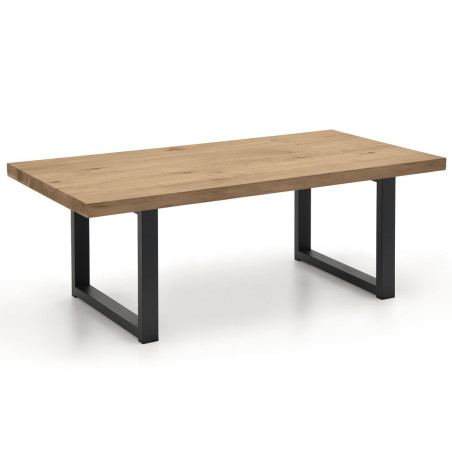 Mesa de centro rectangular con patas metálicas y tapa de madera
