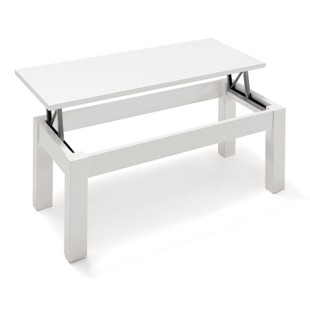 Mesa de centro elevable blanca con tapa abierta