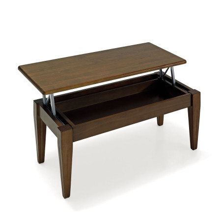 Mesa de centro elevable con fondo interior integrado y tapa elevable.