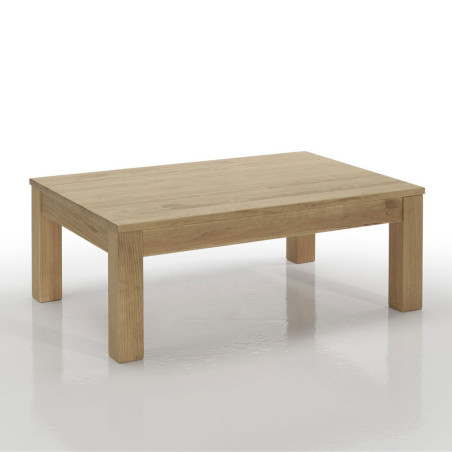 Mesa de centro rectangular con pata recta en acabado madera.