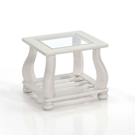 Mesa rincón cuadrada con tapa de cristal.
