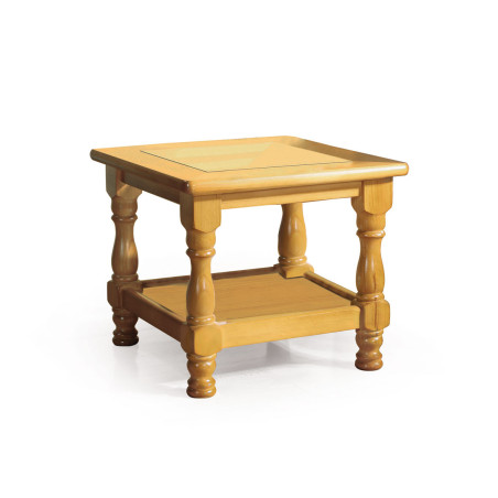 Mesa rincón cuadrada con patas torneadas y tapa de madera.