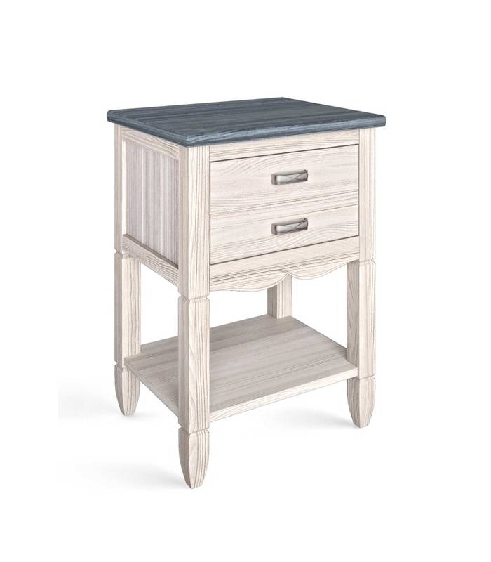 Mesita de noche de madera y cuatro patas. Dispone de dos cajones y bandeja. Disponible en distintos acabados